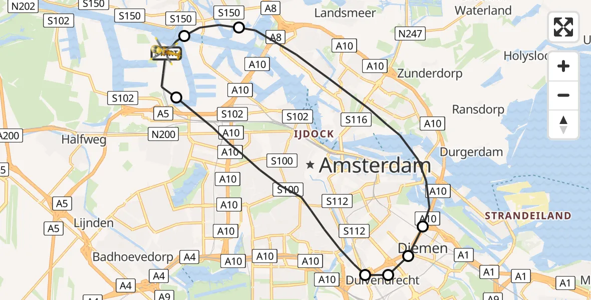 Vluchtroute Traumahelikopter Amsterdam Heliport - Amsterdam Heliport, 30 juli 2023, 17:59