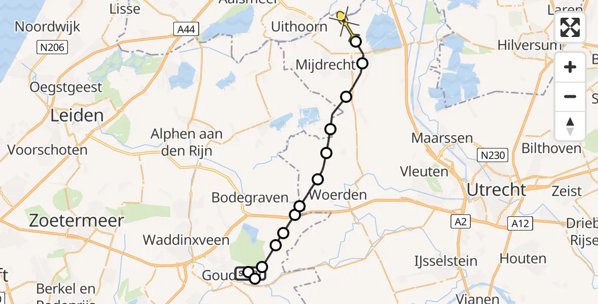 Routekaart van de vlucht: Politieheli naar Waverveen