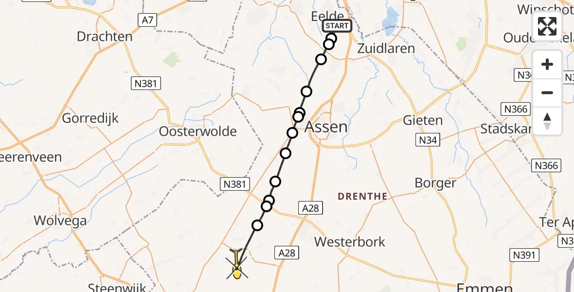 Routekaart van de vlucht: Lifeliner 4 naar Dwingeloo
