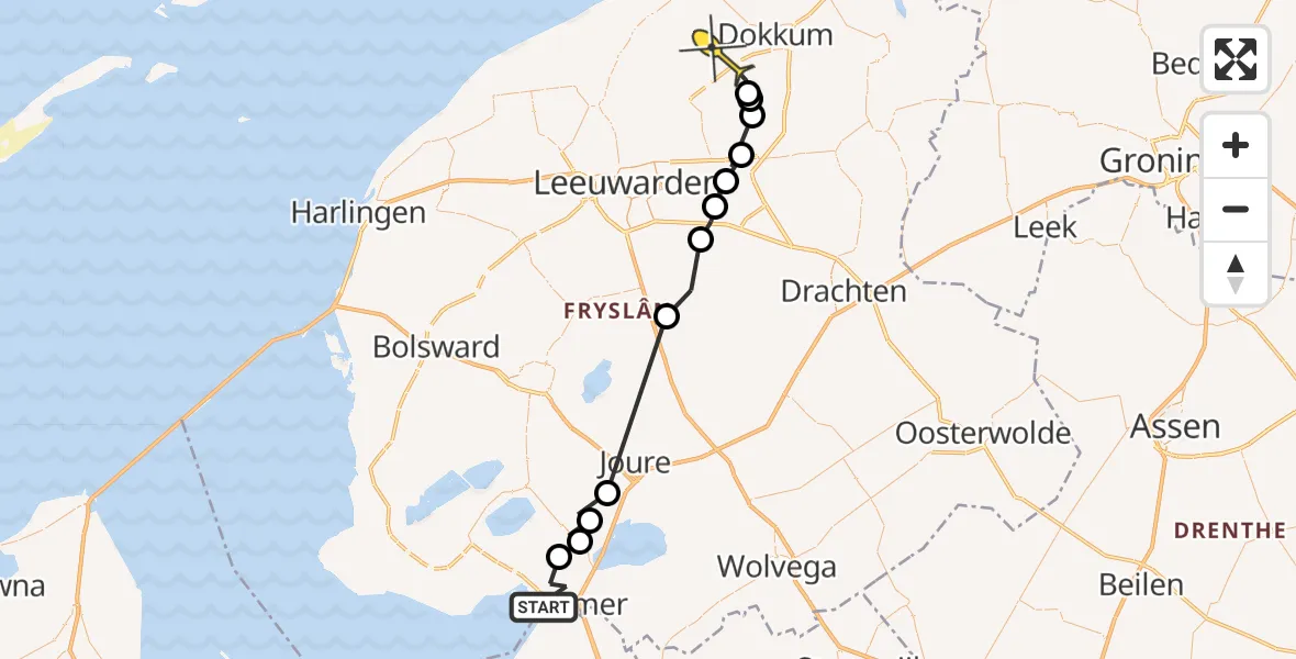 Routekaart van de vlucht: Ambulancehelikopter naar Rinsumageast