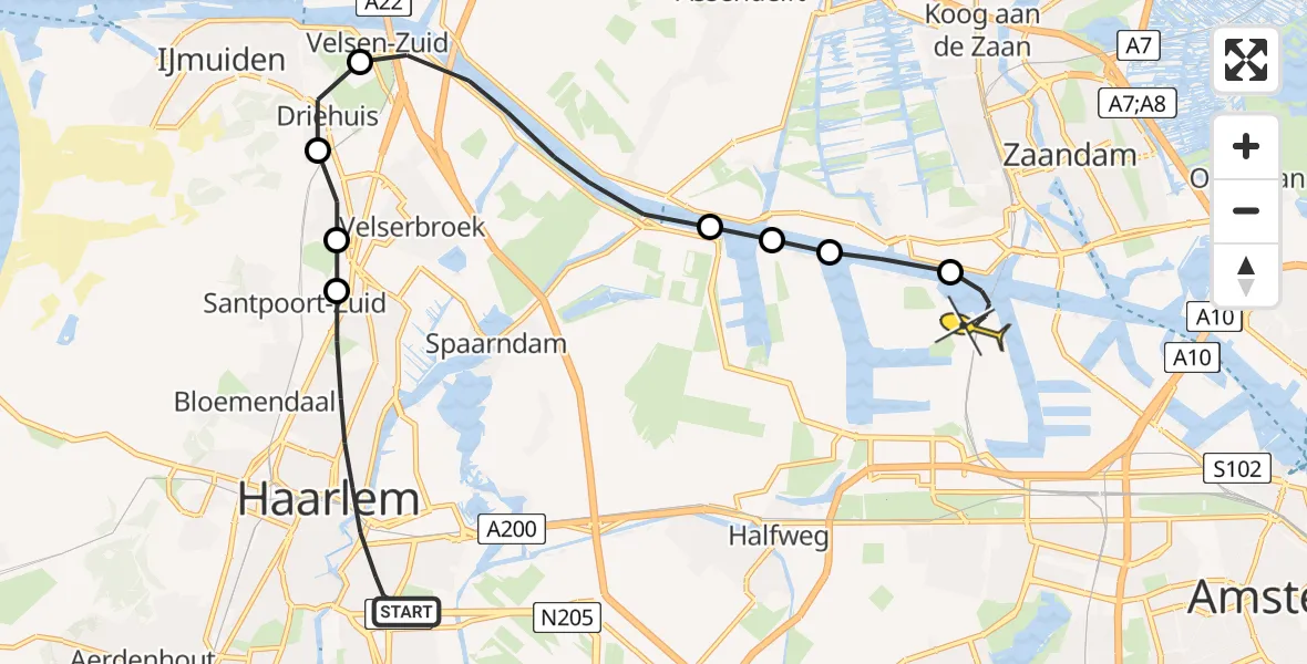 Routekaart van de vlucht: Lifeliner 1 naar Amsterdam Heliport