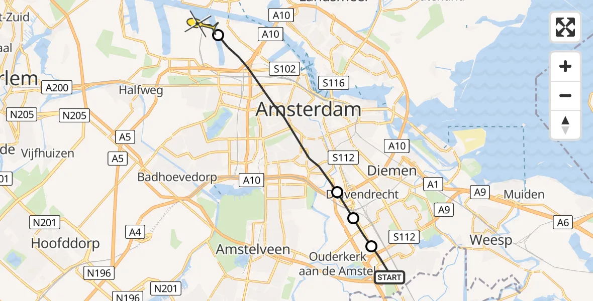 Routekaart van de vlucht: Lifeliner 1 naar Amsterdam Heliport