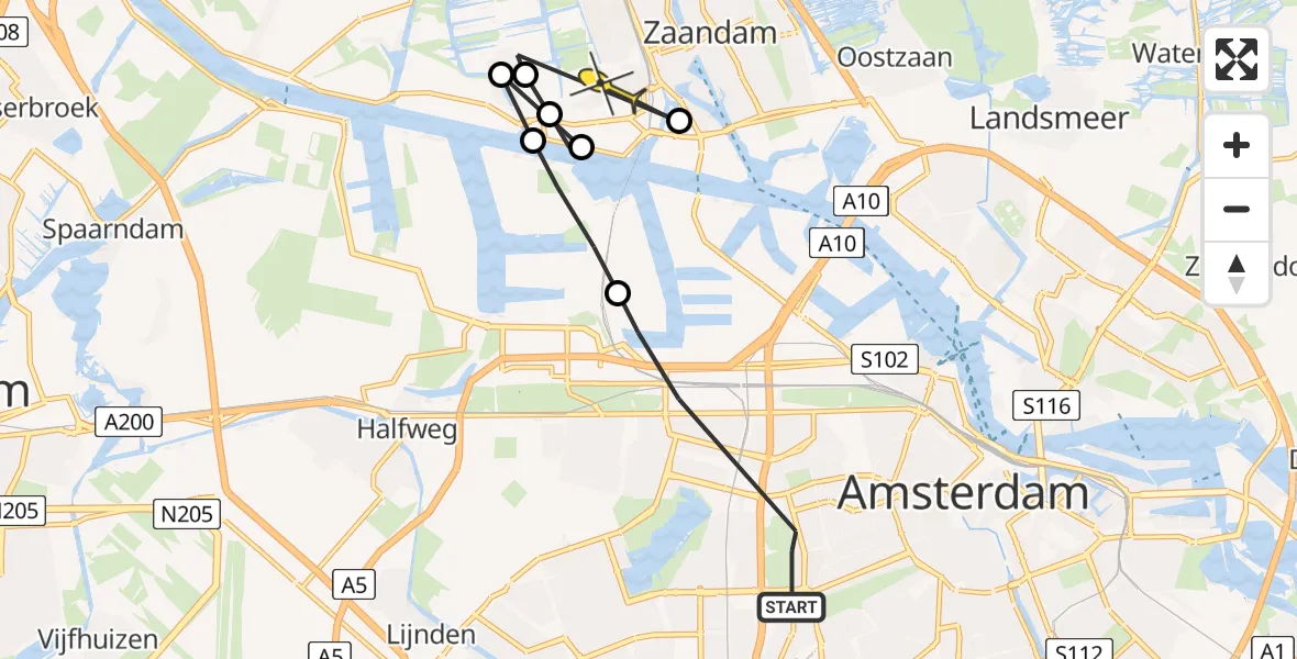 Routekaart van de vlucht: Politiehelikopter naar Zaandam