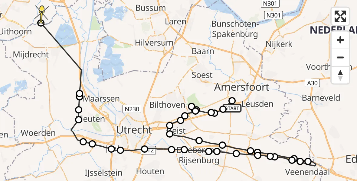 Routekaart van de vlucht: Politieheli naar Ouderkerk aan de Amstel