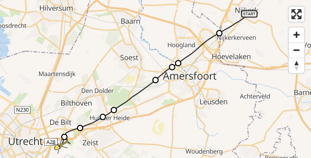 Routekaart van de vlucht: Lifeliner 2 naar Universitair Medisch Centrum Utrecht