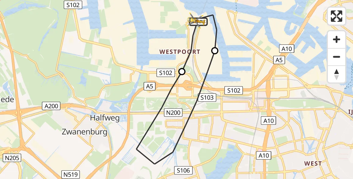 Vluchtroute Traumahelikopter Amsterdam Heliport - Amsterdam Heliport, 01 augustus 2023, 17:58