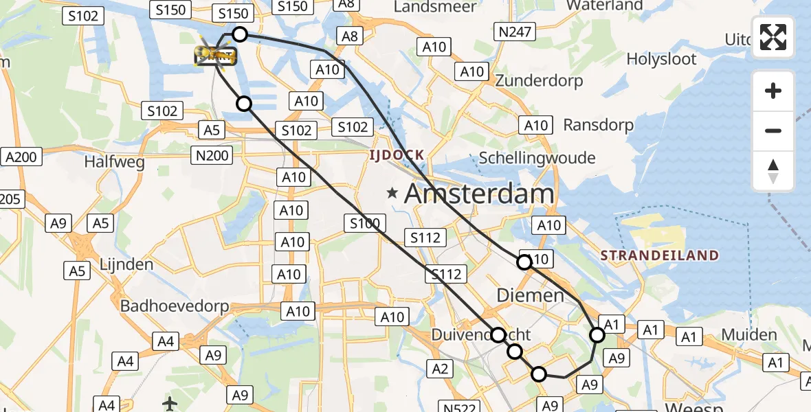 Vluchtroute Traumahelikopter Amsterdam Heliport - Amsterdam Heliport, 02 augustus 2023, 05:08
