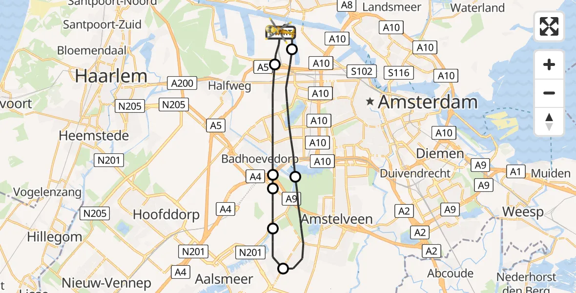 Vluchtroute Traumahelikopter Amsterdam Heliport - Amsterdam Heliport, 02 augustus 2023, 07:14