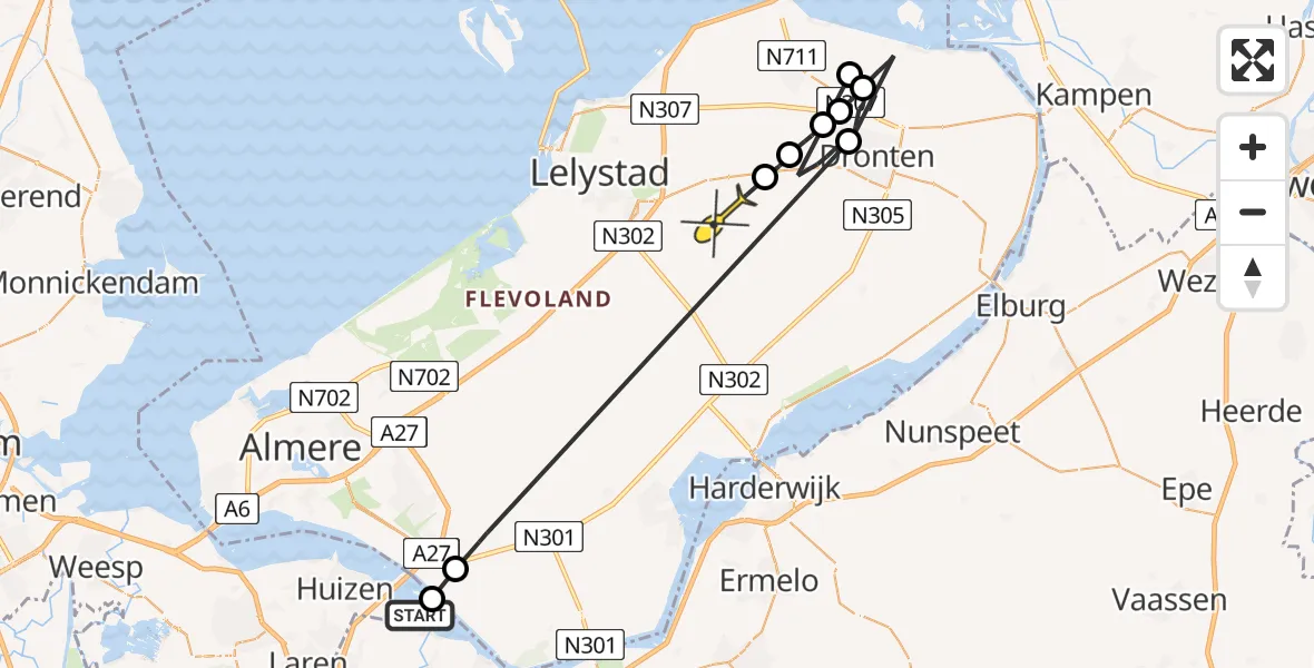 Routekaart van de vlucht: Politieheli naar Lelystad