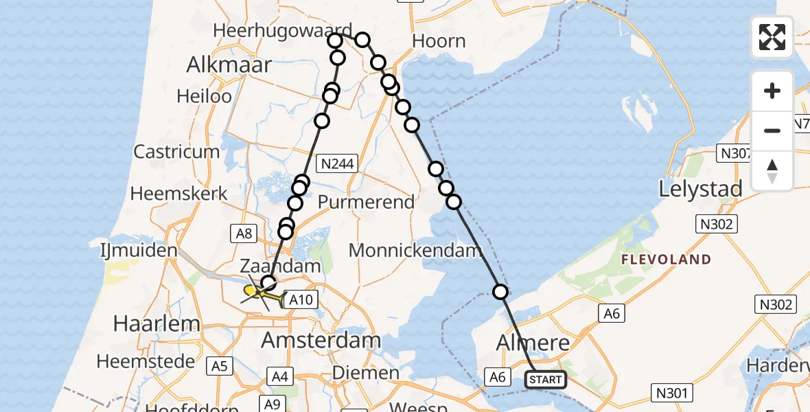 Routekaart van de vlucht: Lifeliner 1 naar Amsterdam Heliport