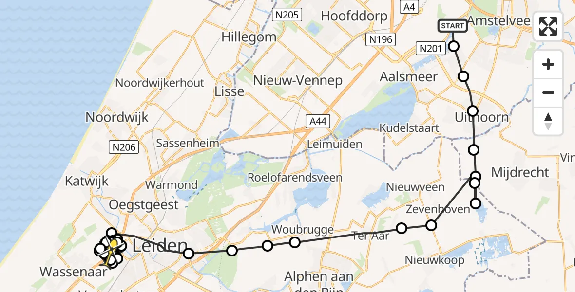 Routekaart van de vlucht: Politiehelikopter naar Leiden