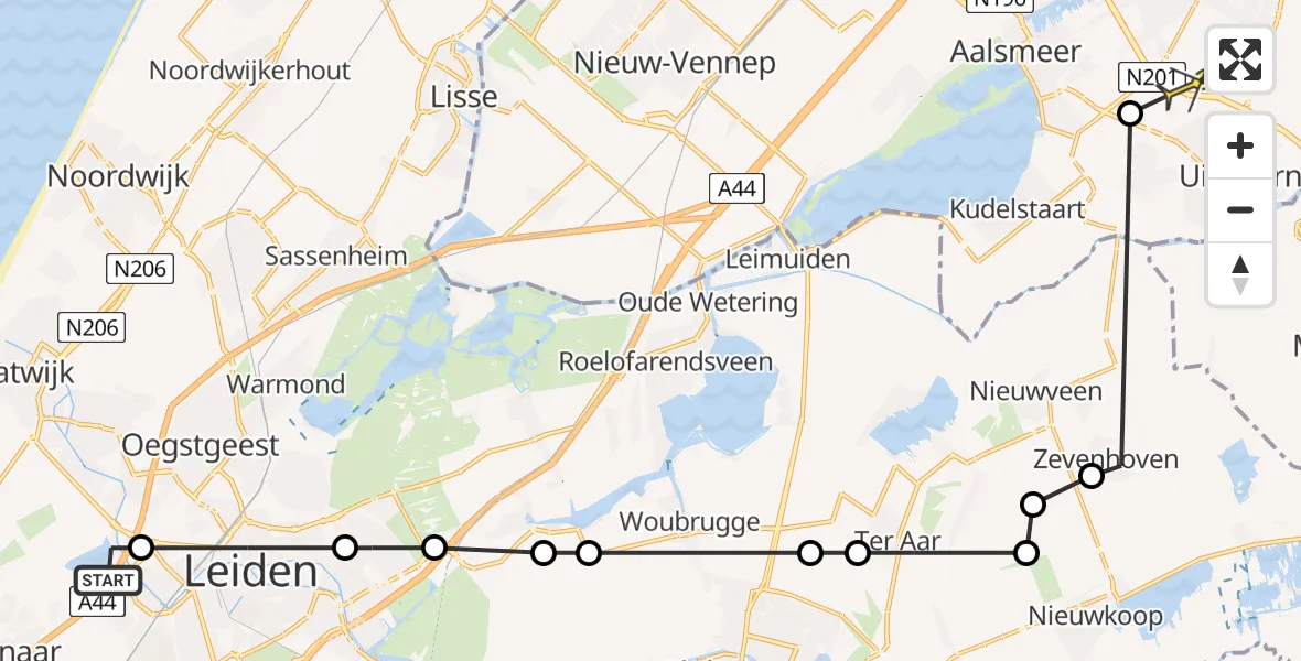 Routekaart van de vlucht: Politieheli naar Amstelveen