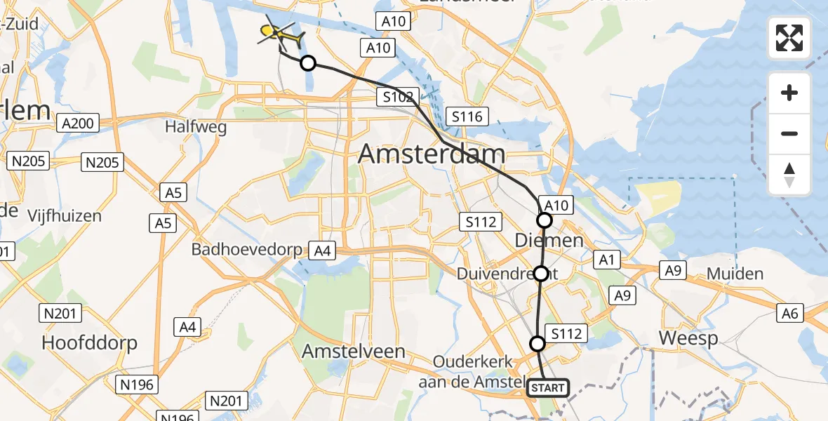 Routekaart van de vlucht: Lifeliner 1 naar Amsterdam Heliport