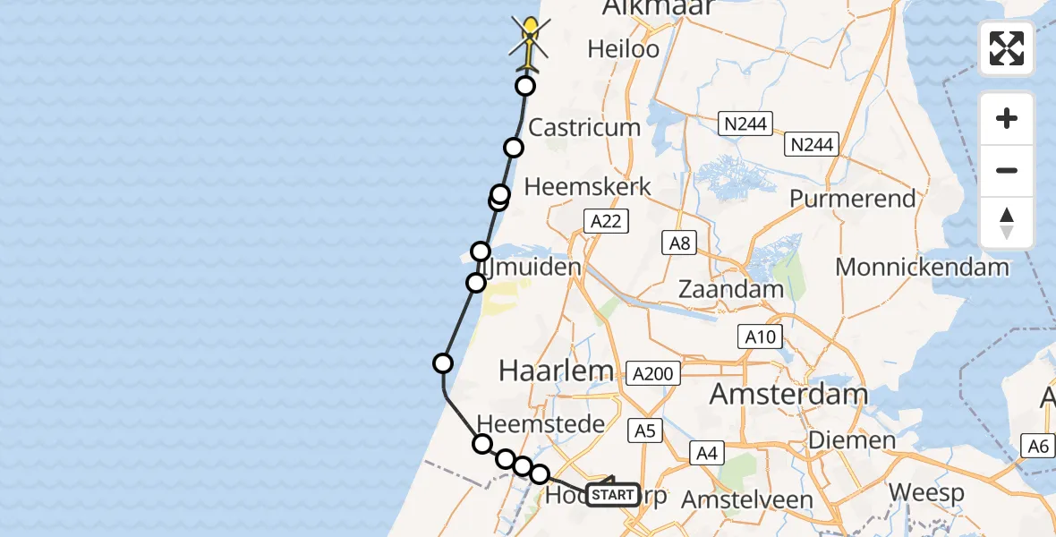 Routekaart van de vlucht: Politieheli naar Egmond-Binnen