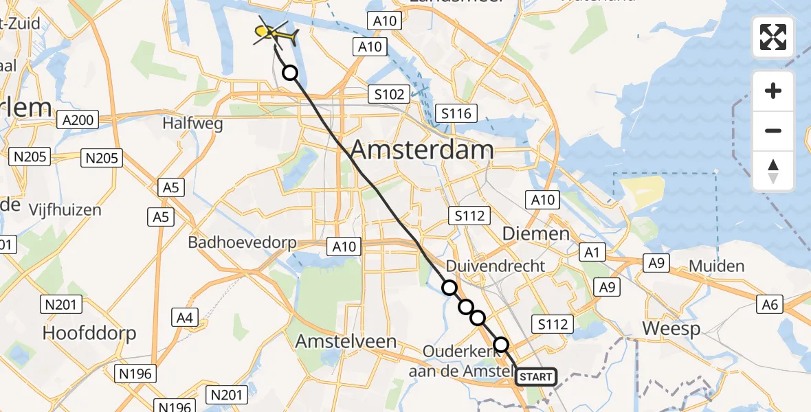 Routekaart van de vlucht: Lifeliner 1 naar Amsterdam Heliport