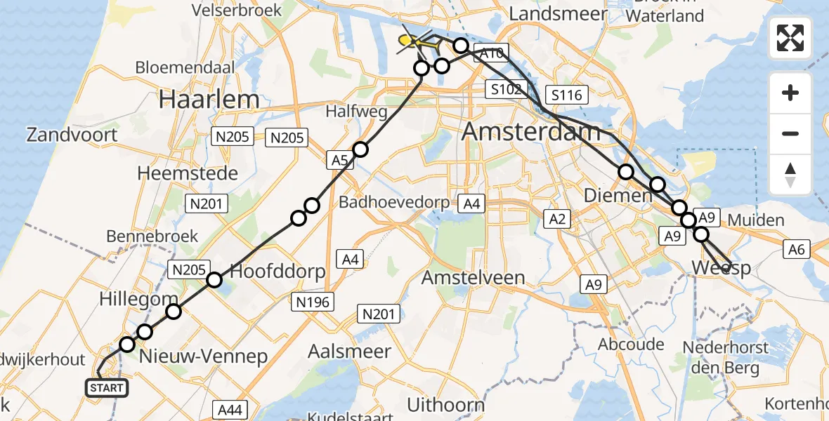 Routekaart van de vlucht: Lifeliner 1 naar Amsterdam Heliport