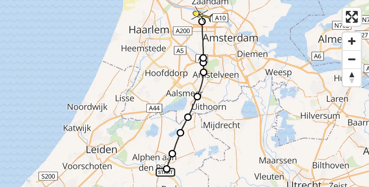 Routekaart van de vlucht: Lifeliner 1 naar Amsterdam Heliport