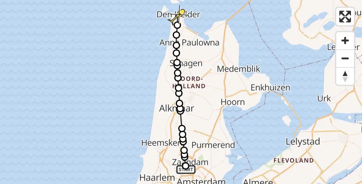 Routekaart van de vlucht: Lifeliner 1 naar Den Helder