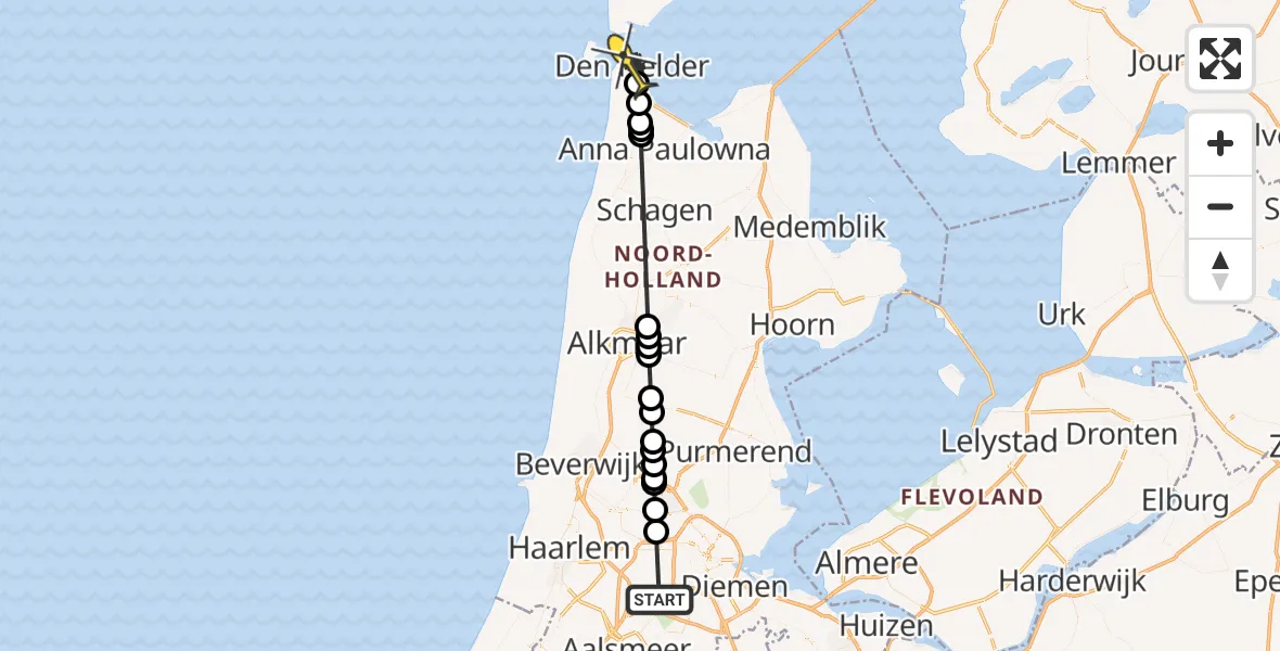 Routekaart van de vlucht: Politiehelikopter naar Den Helder