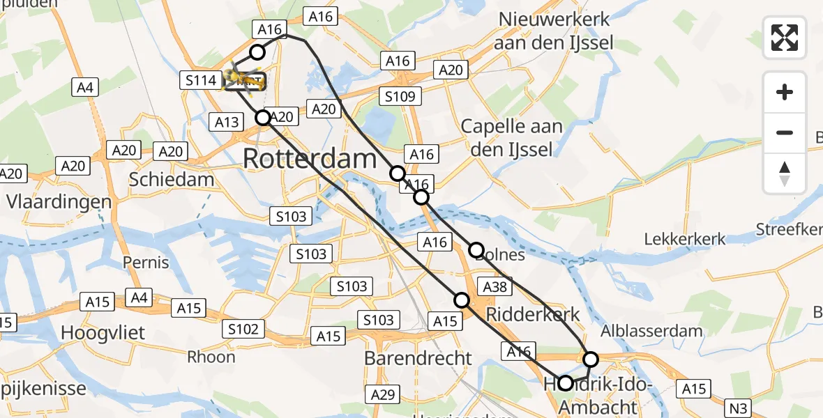 Vluchtroute Traumahelikopter Rotterdam The Hague Airport - Rotterdam The Hague Airport, 05 augustus 2023, 01:32
