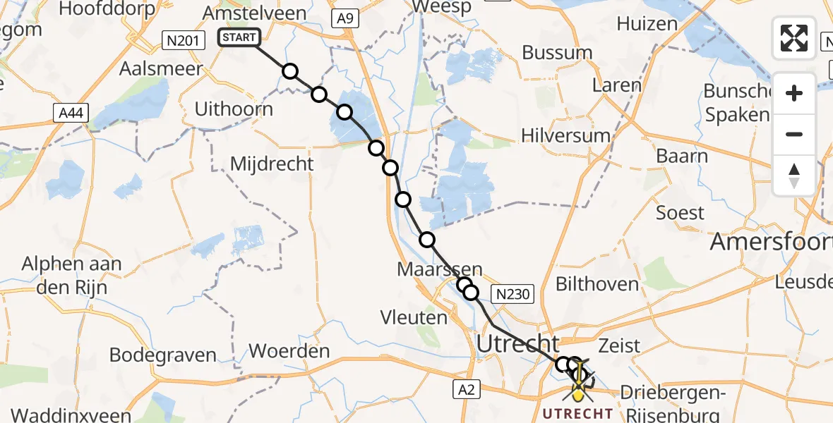 Routekaart van de vlucht: Politiehelikopter naar Bunnik