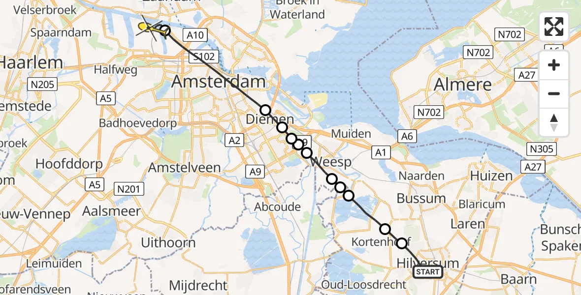 Routekaart van de vlucht: Lifeliner 1 naar Amsterdam Heliport