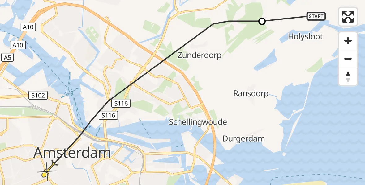 Routekaart van de vlucht: Politieheli naar Amsterdam