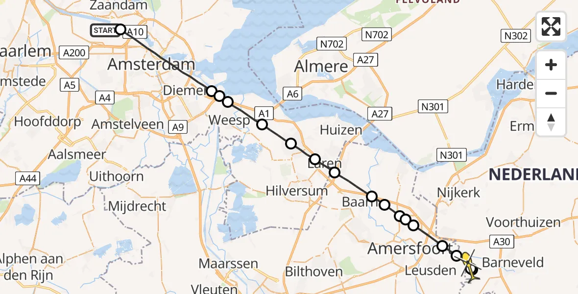 Routekaart van de vlucht: Lifeliner 1 naar Achterveld