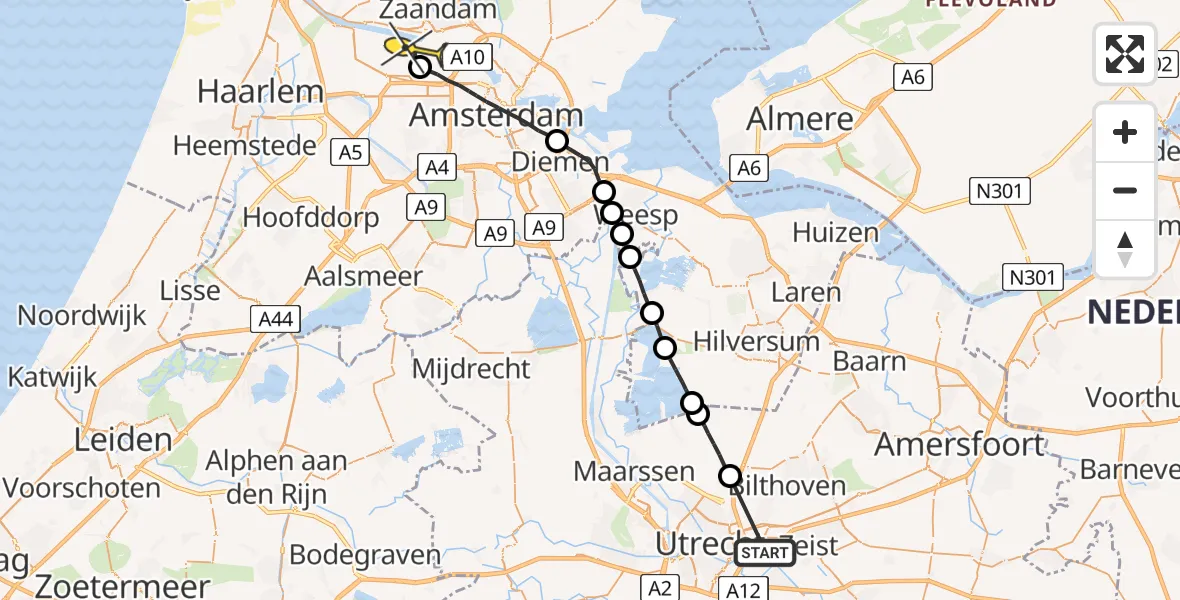 Routekaart van de vlucht: Lifeliner 1 naar Amsterdam Heliport