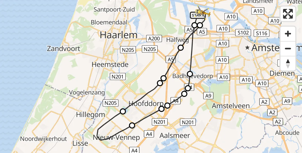 Vluchtroute Traumahelikopter Amsterdam Heliport - Amsterdam Heliport, 07 augustus 2023, 09:36