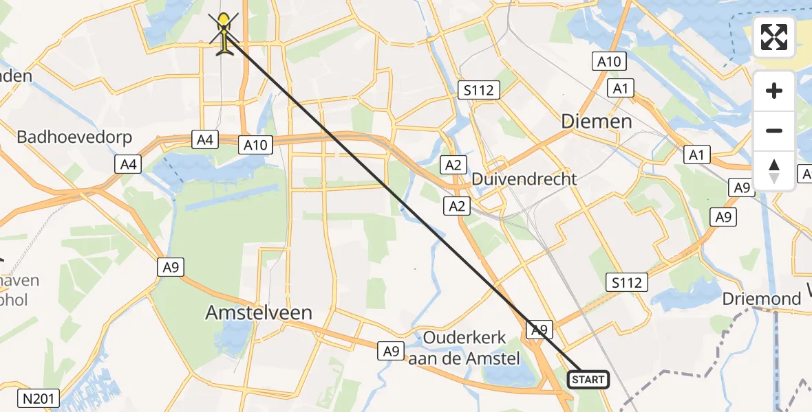 Routekaart van de vlucht: Traumaheli naar Amsterdam