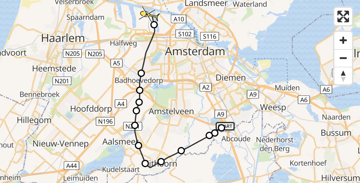 Routekaart van de vlucht: Lifeliner 1 naar Amsterdam Heliport