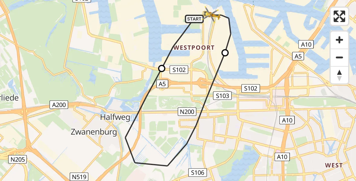 Vluchtroute Traumahelikopter Amsterdam Heliport - Amsterdam Heliport, 07 augustus 2023, 13:33