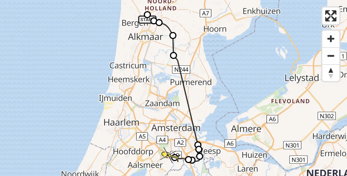 Routekaart van de vlucht: Politieheli naar Amstelveen