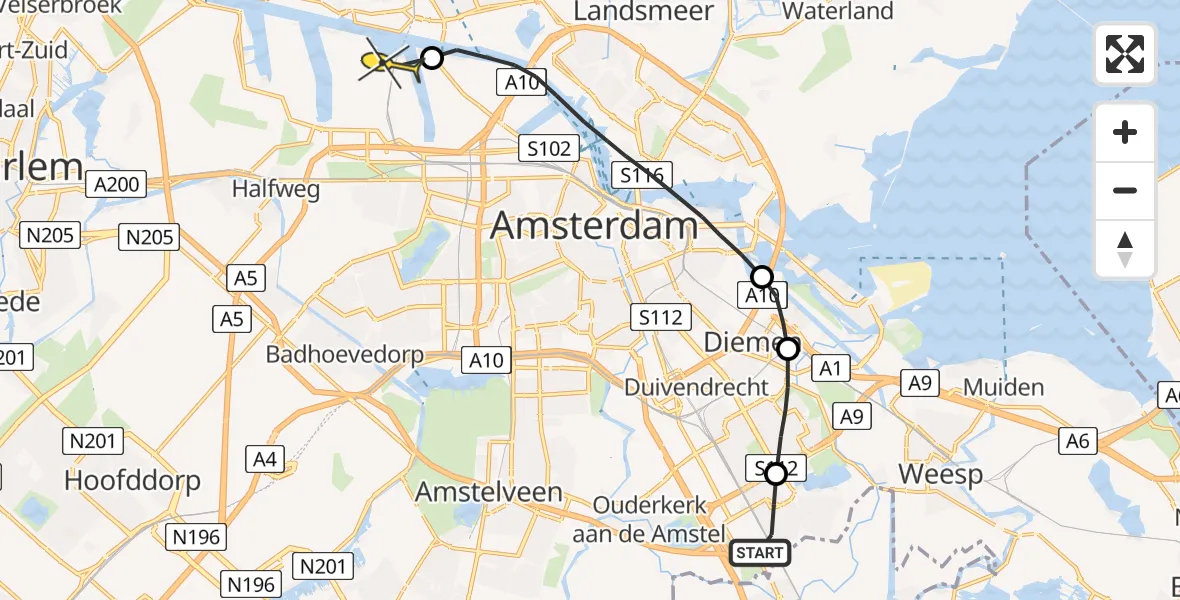 Routekaart van de vlucht: Lifeliner 1 naar Amsterdam Heliport