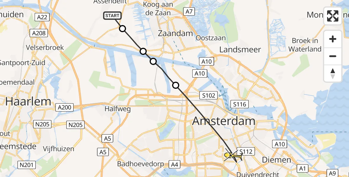 Routekaart van de vlucht: Lifeliner 1 naar Amsterdam