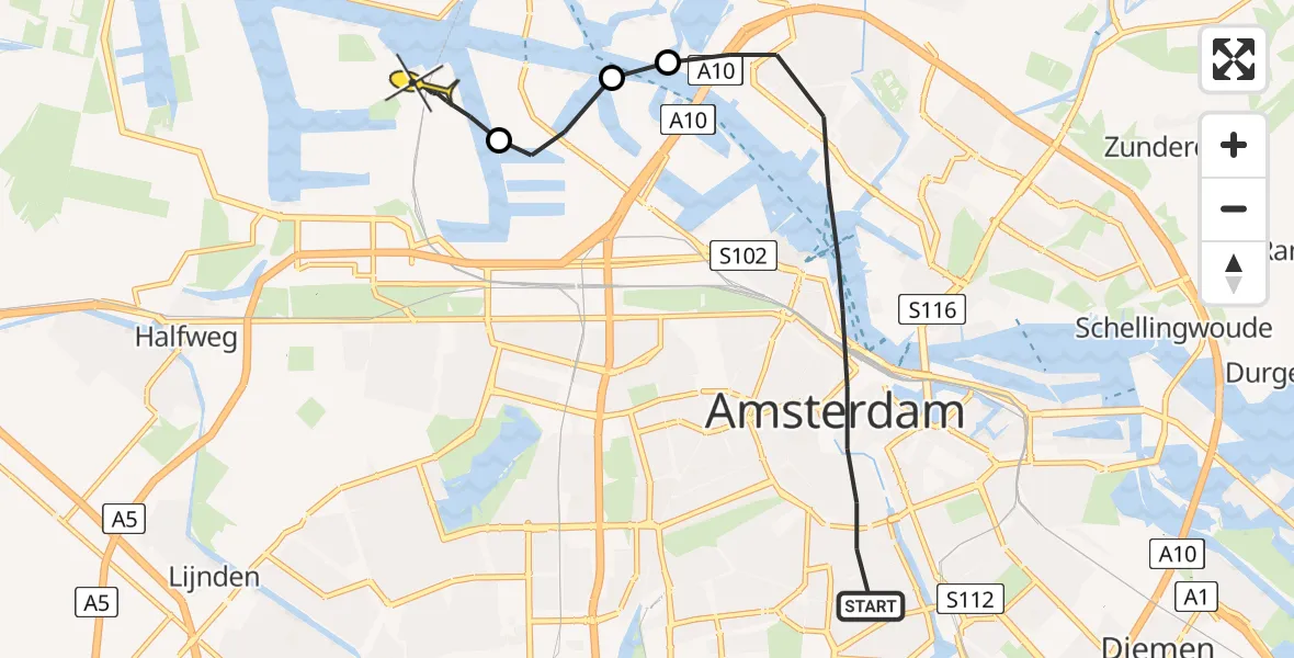 Routekaart van de vlucht: Lifeliner 1 naar Amsterdam Heliport