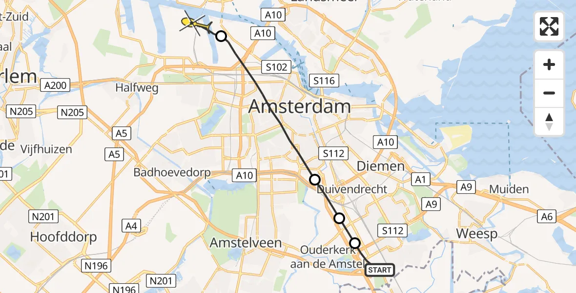 Routekaart van de vlucht: Lifeliner 1 naar Amsterdam Heliport