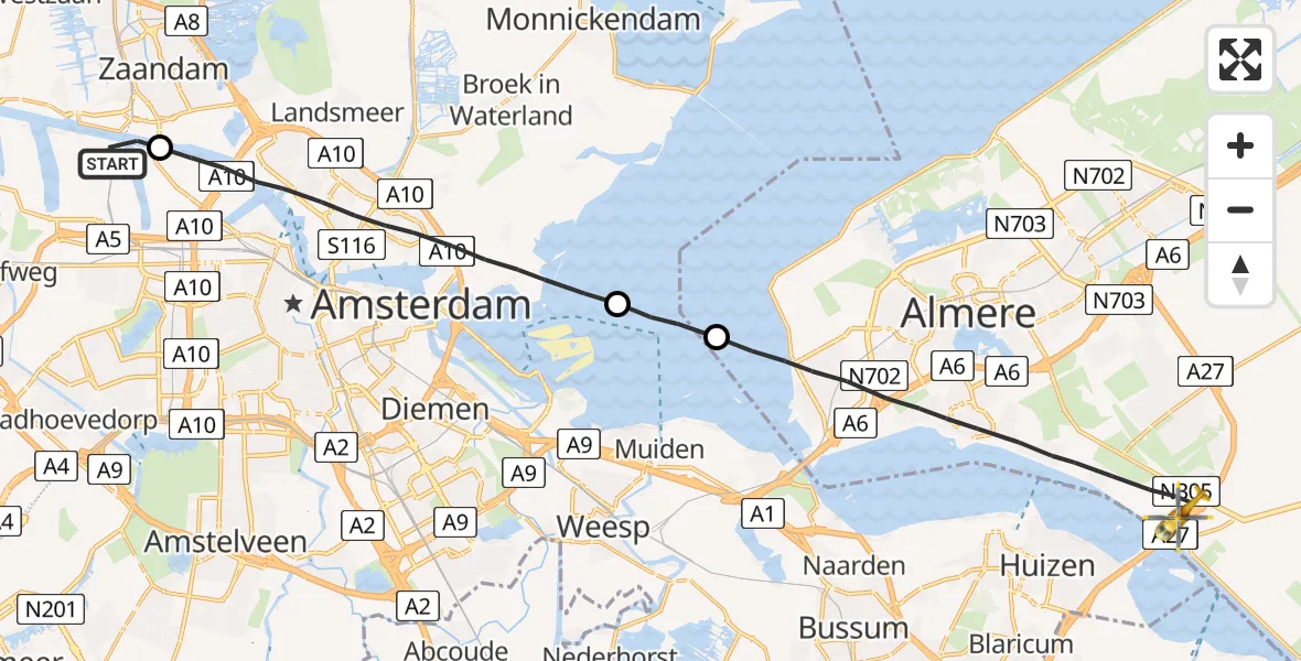 Vluchtroute Traumahelikopter Amsterdam Heliport - Almere, 08 augustus 2023, 11:12