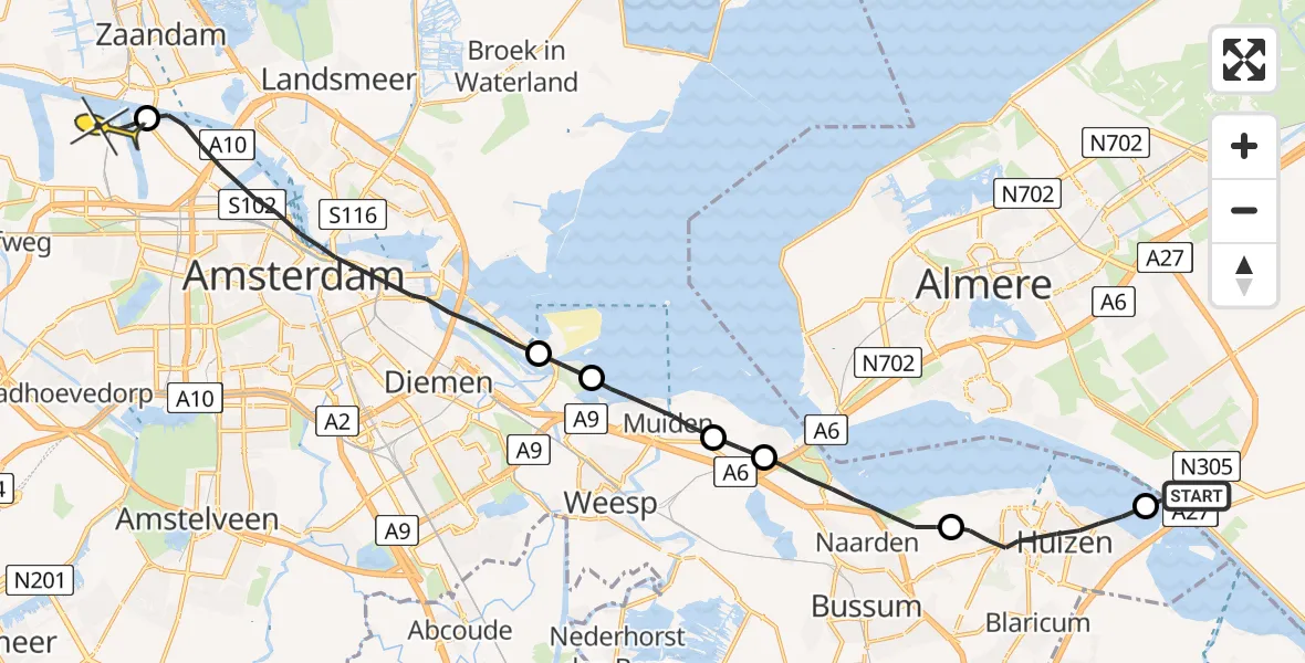 Routekaart van de vlucht: Lifeliner 1 naar Amsterdam Heliport
