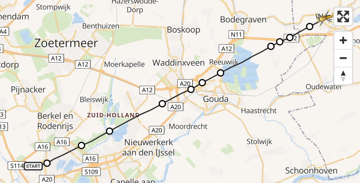 Vluchtroute Traumahelikopter Rotterdam The Hague Airport - Woerden, 08 augustus 2023, 14:27