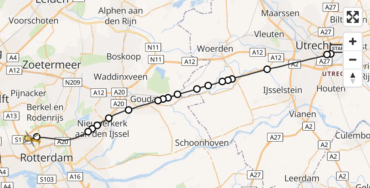 Vluchtroute Traumahelikopter Universitair Medisch Centrum Utrecht - Rotterdam The Hague Airport, 08 augustus 2023, 15:20