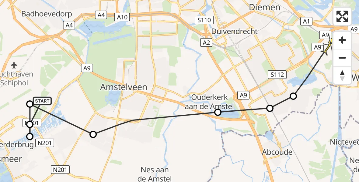 Routekaart van de vlucht: Politieheli naar Diemen