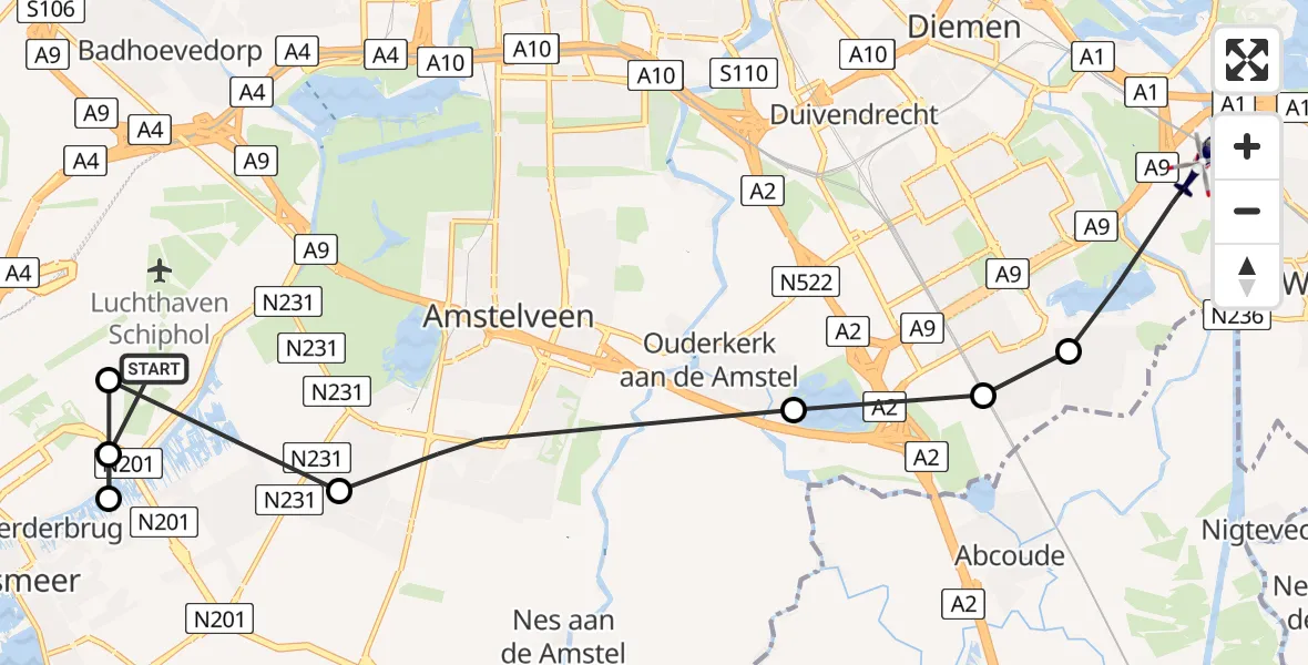 Vluchtroute Politiehelikopter Schiphol - Diemen, 08 augustus 2023, 16:14