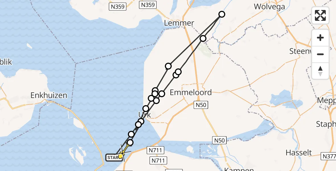 Routekaart van de vlucht: Politieheli naar Lelystad