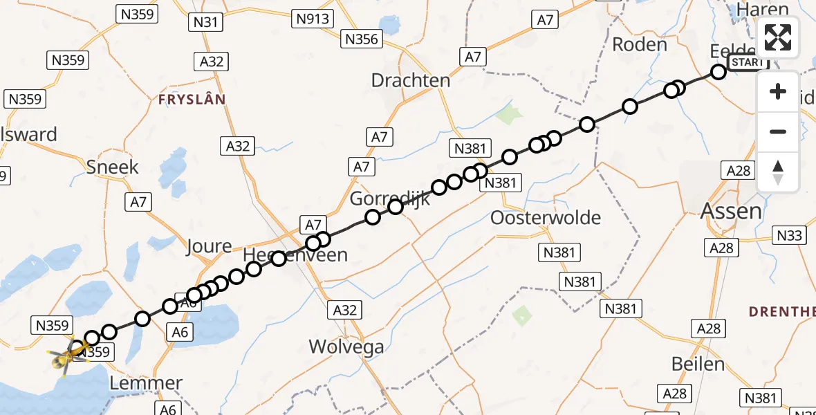 Vluchtroute Traumahelikopter Groningen Airport Eelde - Sondel, 08 augustus 2023, 17:18