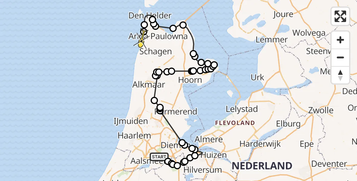 Routekaart van de vlucht: Politieheli naar Callantsoog