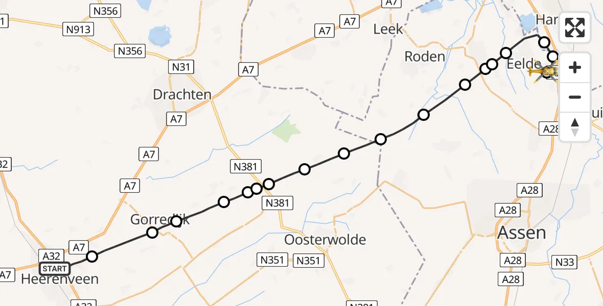 Vluchtroute Traumahelikopter Heerenveen - Groningen Airport Eelde, 08 augustus 2023, 19:11