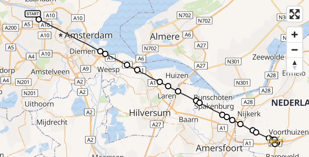 Vluchtroute Traumahelikopter Amsterdam Heliport - Voorthuizen, 08 augustus 2023, 19:53