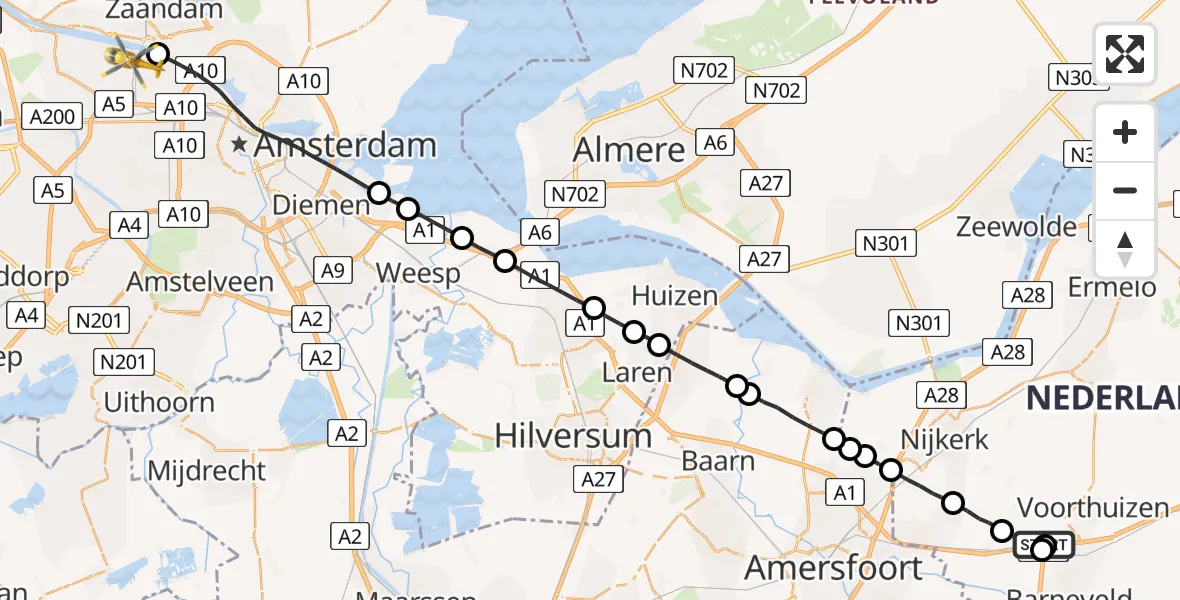 Vluchtroute Traumahelikopter Voorthuizen - Amsterdam Heliport, 08 augustus 2023, 20:27